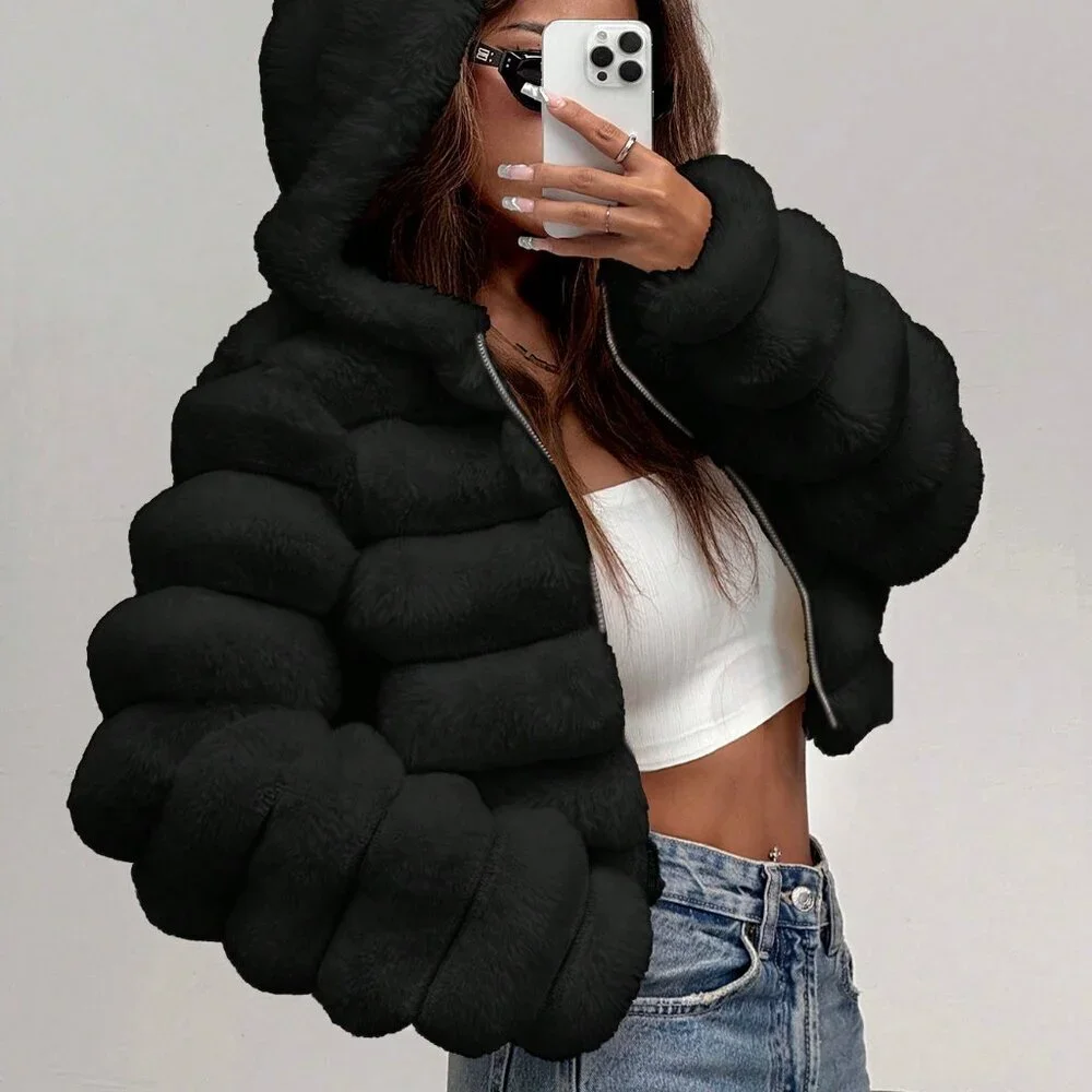 Black Casual Women's Fluffy faux fur Hooded Cropped Jacket - Picture 4 of 7